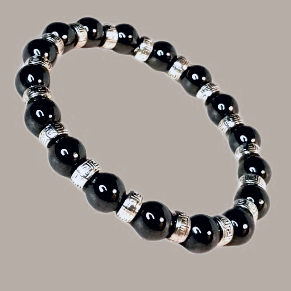 Handmade Black Magnetic Hematite/Silver Beaded Stretch Bracelet Boho Ethnic 7.5